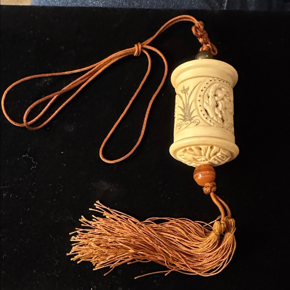 Carved Faux Ivory Dragon Inro or Pendant with Tassel